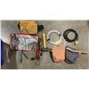 Image 1 : TOTE OF VINTAGE TOOLS, HAND DRILL AND KUNYS LEATHER KNEE PADS, TOOL BELT ETC