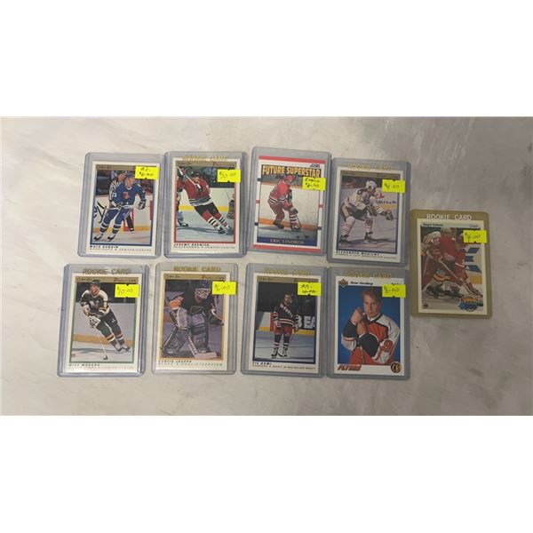 9 NHL ROOKIE CARDS INCLUDING DOMI, LINDROS, SUNDIN ETC
