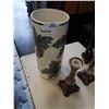 Image 3 : LOT OF PORCELAIN UMBRELLA STAND, CANDLEHOLDERS AND CARVED WOODEN FIGURE