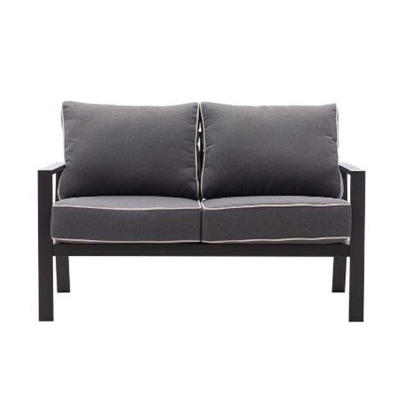 AS NEW ALUMINUM LOVESEAT WITH GREY CUSHIONS - RETAIL $429