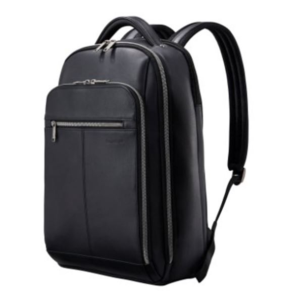 AS NEW SAMSONITE BLACK BUSINESS LEATHER BACKPACK - RETAIL $244