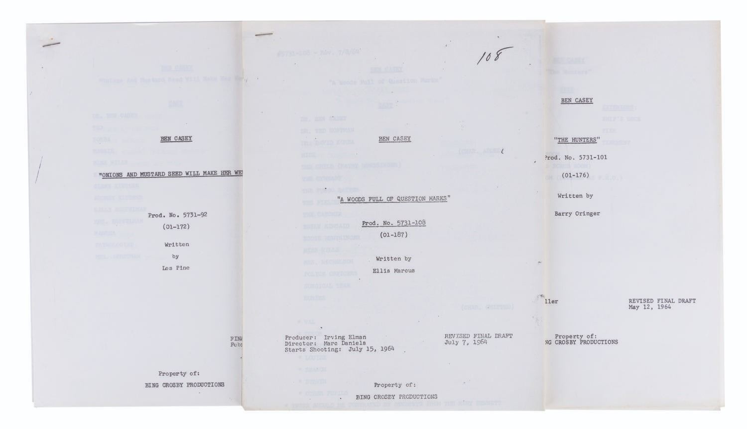Casey Script A Collection of (3) Original Ben Casey Scripts.