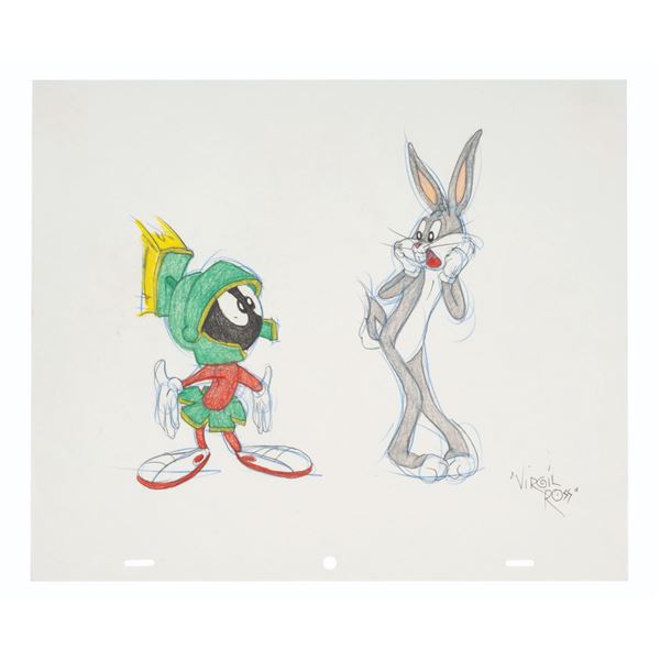 A Virgil Ross Signed Marvin & Bugs Bunny Drawing.