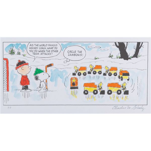 Charles Shulz Signed"Circle the Zambonis" Lithograph.