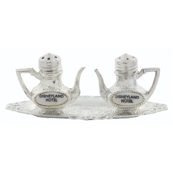 A Disneyland Hotel Souvenir Teapot Shaker Set & Tray.