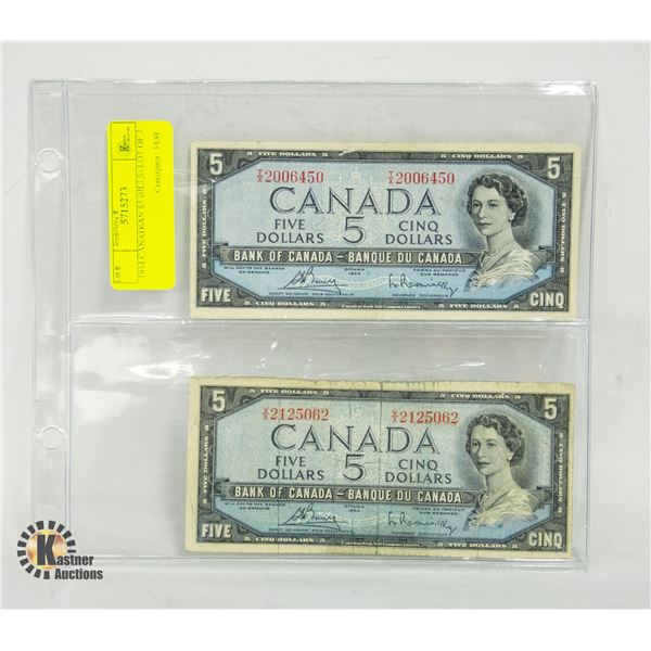 1954 CANADIAN $5 BILLS- LOT OF 2