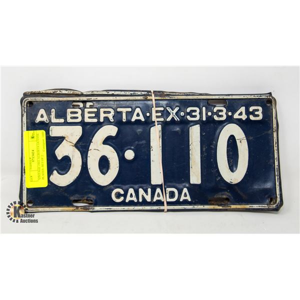 VINTAGE 1943 ALBERTA LICENSE PLATES- SET OF 2