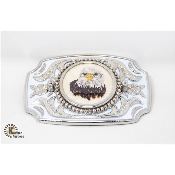 BELT BUCKLE- SILVER W/ STITCHED EAGLE HEAD INLAY