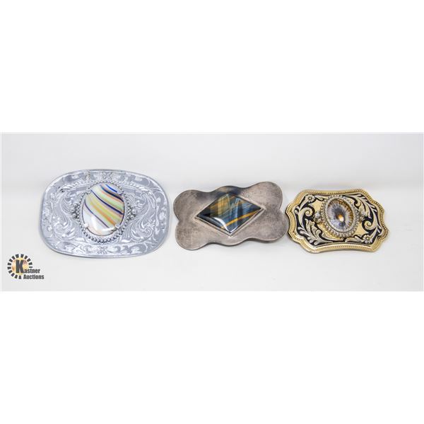 BELT BUCKLES- SCROLLED W/GEMSTONE INLAY X 3