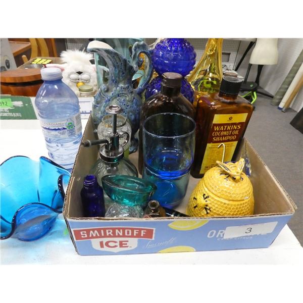 Misc. box with blue glassware, honey jar,