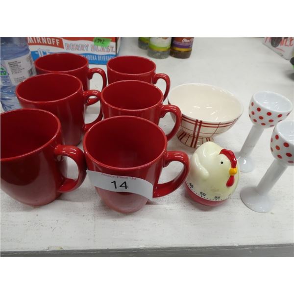 Set of 6 Red Corello stoneware coffee mugs,