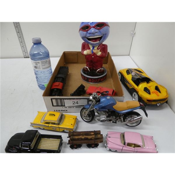 toy cars, truck, motorbike, train, planet