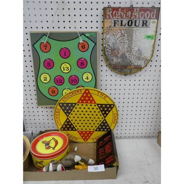 Chinese checkers, signs collector tin, sock