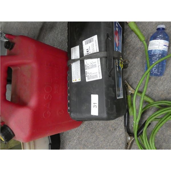 jerry can and jumper cables, tire chains