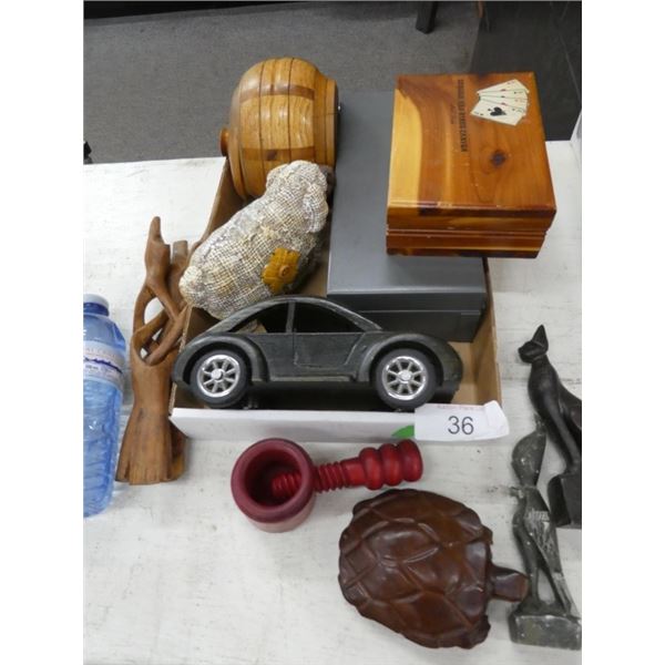 wooden box with playing cards, covered bowl, cash