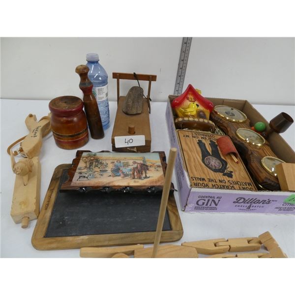 chalk board, barometers, wooden toys etc