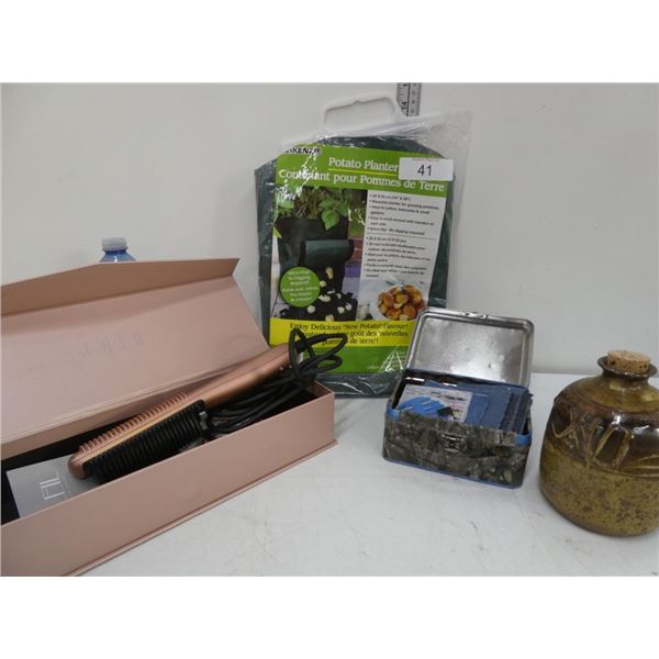 Potato Planter, corked jug, sewing box, styling