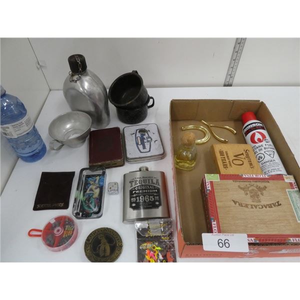 Misc box w/ flasks, cigar boxes, fishing weights,