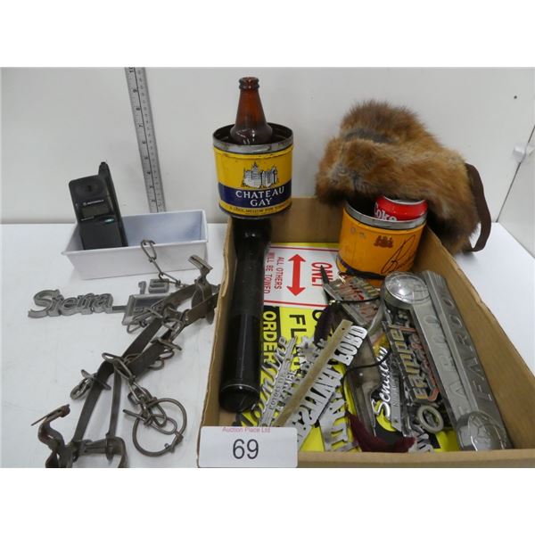 Coon skin hat, tobacco tins, traps, misc vehicle