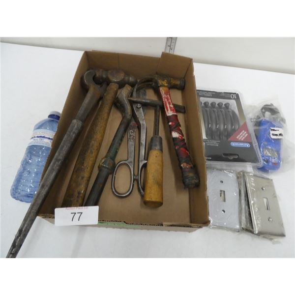 Box of assorted tools, light covers etc