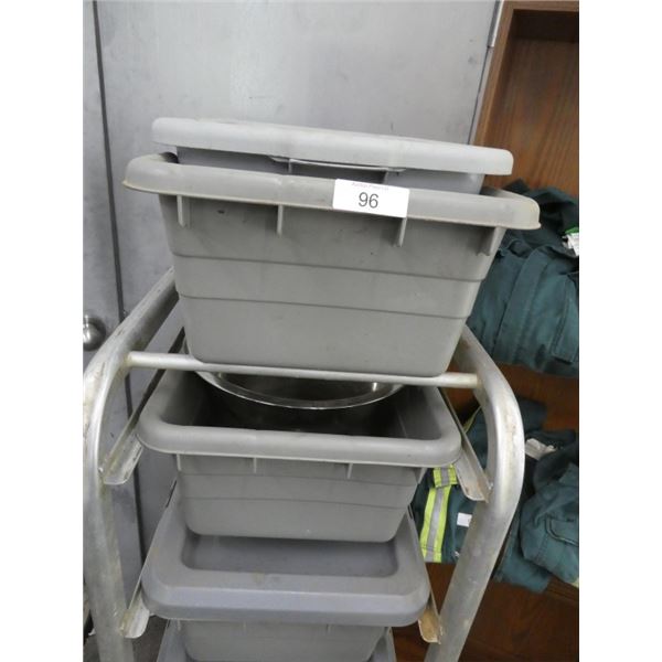 five bus pans on rack w/ wheels, stainless steel