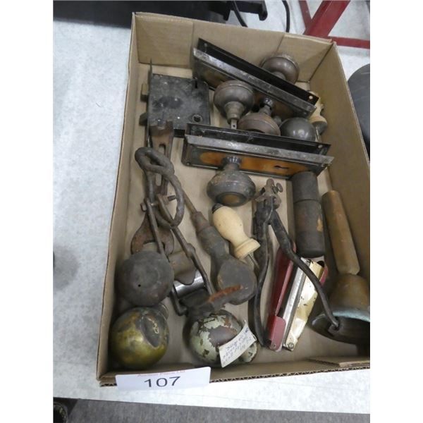 assorted vintage door handles, tools, etc