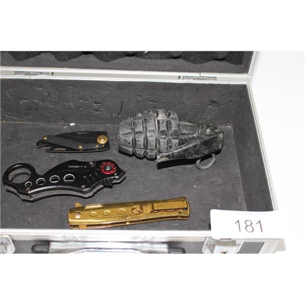 hand grenade, and 3 folding blade knives