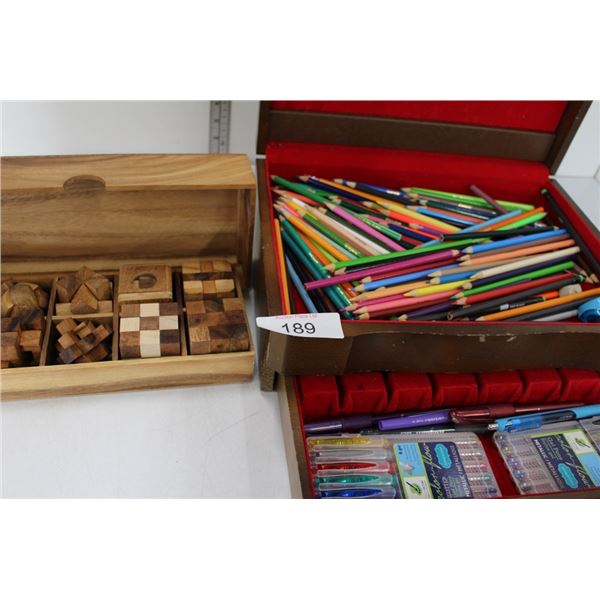 crayons, wood puzzles, pens & oil pastels in