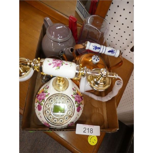 tea pots, push button phone, silver cup, flour