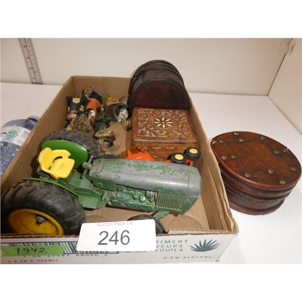Toy tractor, truck, trinket boxes, etc