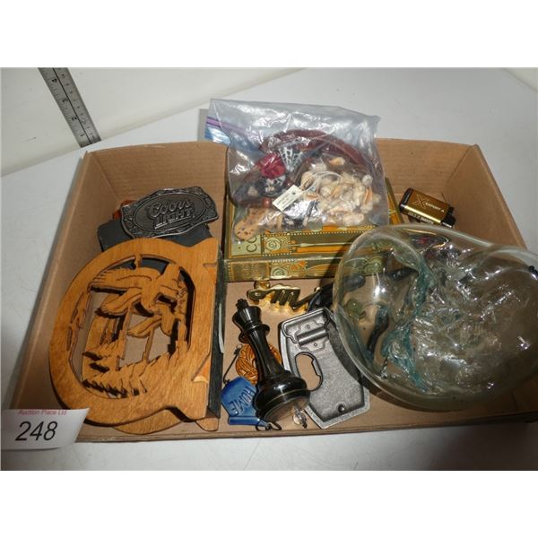 Book, napkin holder, belt buckles, bottle opener,