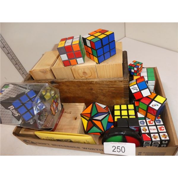 Rubics cubes & labeled boxes of school supplies