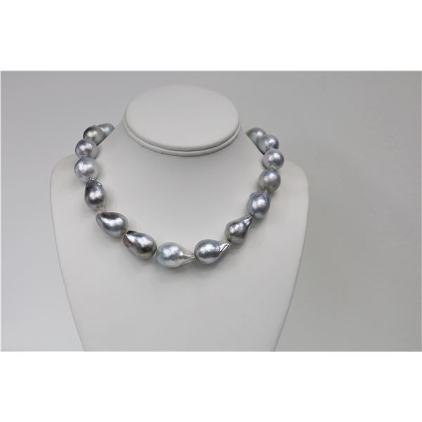 16-17mm Tahitian Silver Grey Long Baroque Necklace with Gold Clasp