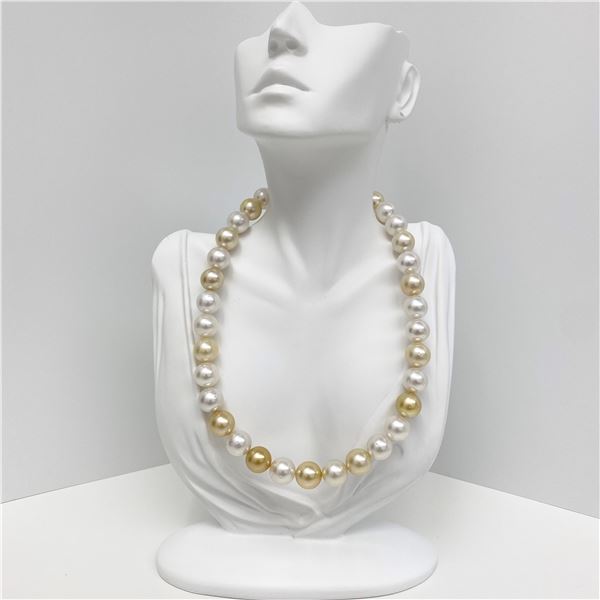 13-14mm White and Golden South Sea Near-Round Pearl Necklace with Gold Clasp