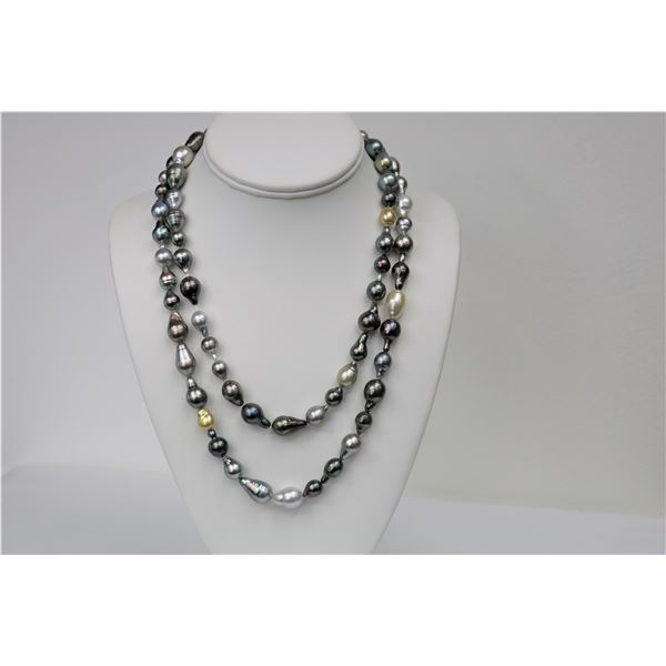 7-11mm Tahitian Multi Color Long Drop Necklace with Gold Clasp