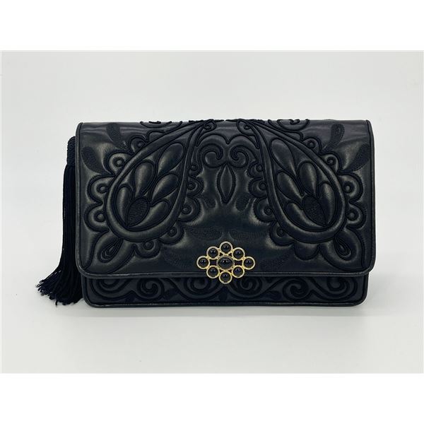 Judith Leiber Black Embroidered Leather Tassel Clutch