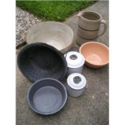 Pottery bowls, enamelware, graniteware