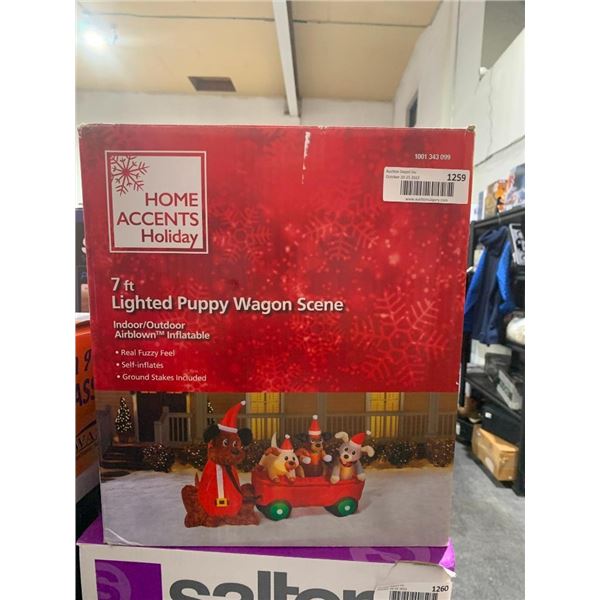 Home Accents Holiday 7ft Lighted Puppy Wagon Scene Airblown Inflatable
