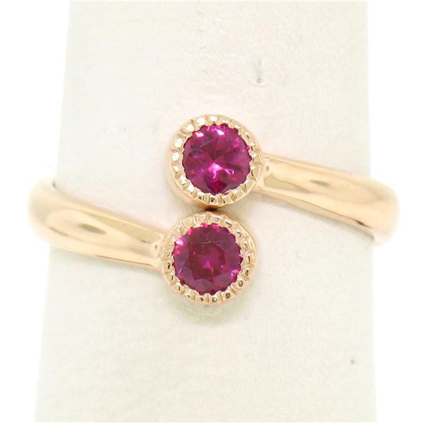 NEW Custom Made 14k Rose Gold Round Bezel Set Ruby Two Stone Simple Bypass Ring