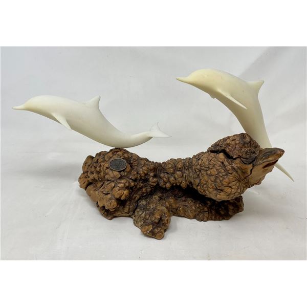 John Perry Dolphins Sculpture with Burl Wood