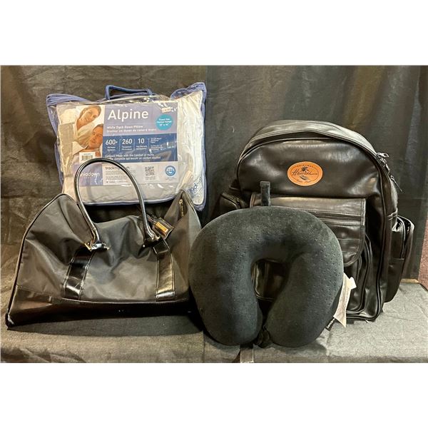 Estee Lauder Carry On Bag, Leather Back Pack, Duck Down Pillow, Samsonite Neck Rest