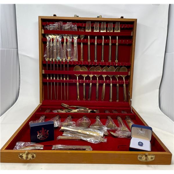 Antique Brass Cutlery Set in Wooden Box, 25yr Service Pin Ministry of Sustainable Resource Mgmt.