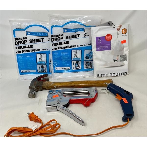 Plastic Drop Sheets, Hammer, Staple Gun, Glue Gun