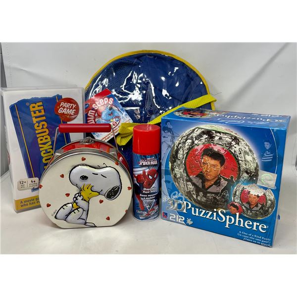 Snoopy Metal Pail, 3D Elvis Puzzle (opened), Spiderman Foam Soap, Blockbuster Game, Swim Aid