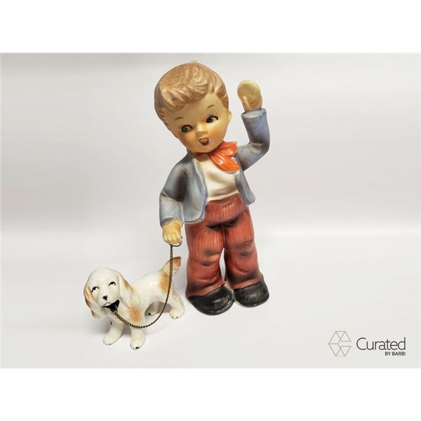 Vintage Porcelain Boy with Dog on Leash 7.5"H