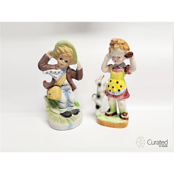 Vintage Porcelain Girl with Dog & Boy Holding Hat on Head