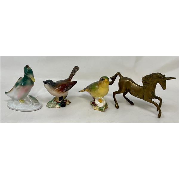 Brass Unicorn, Beswick Whitethroat, Beswick Green Finch, Duck & Frog (made in Germany)