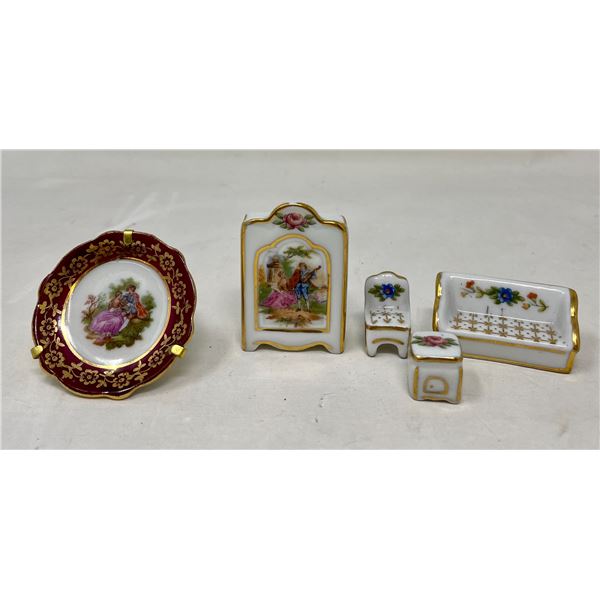 Miniature Victorian Couch, Stool, Chair set & a Plate