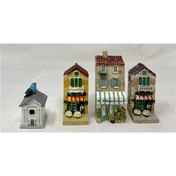 Miniature Town, Bird on Birdhouse, & Plate