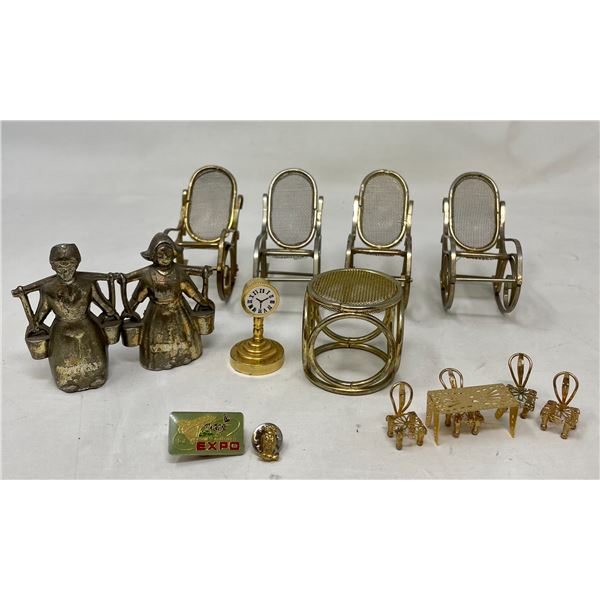 Miniature Chairs x 2, Salt & Pepper Man and Woman, Clock, Expo pin, Owl pin
